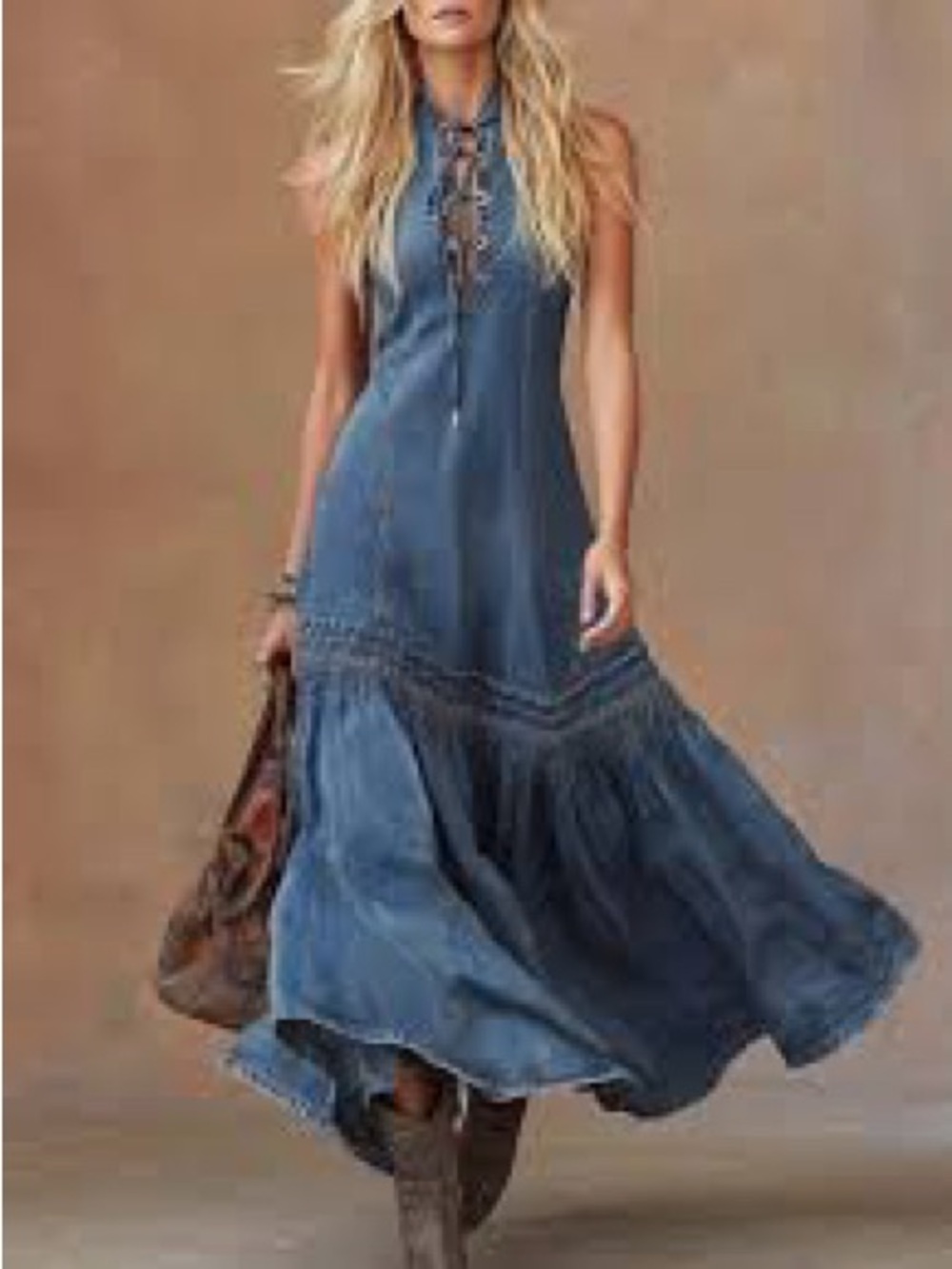 Oyrosy Lace-Up Denim Maxi Dress with Ruffle Chambray Blue Size Large